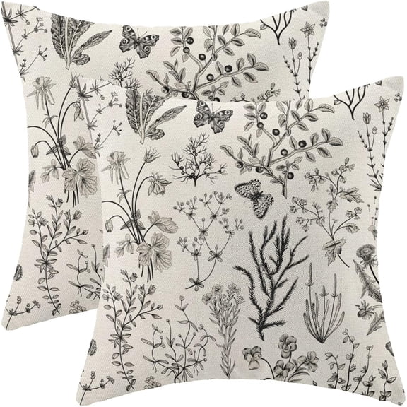 Spring Pillow Covers 20x20 Inch Set of 2,Black Gray Wild Flower Plant Throw Pillows Case,Seasonal Floral Outdoor Decorative Square Linen Farmhouse Decor Cushion Covers for Home Sofa Bed Couch