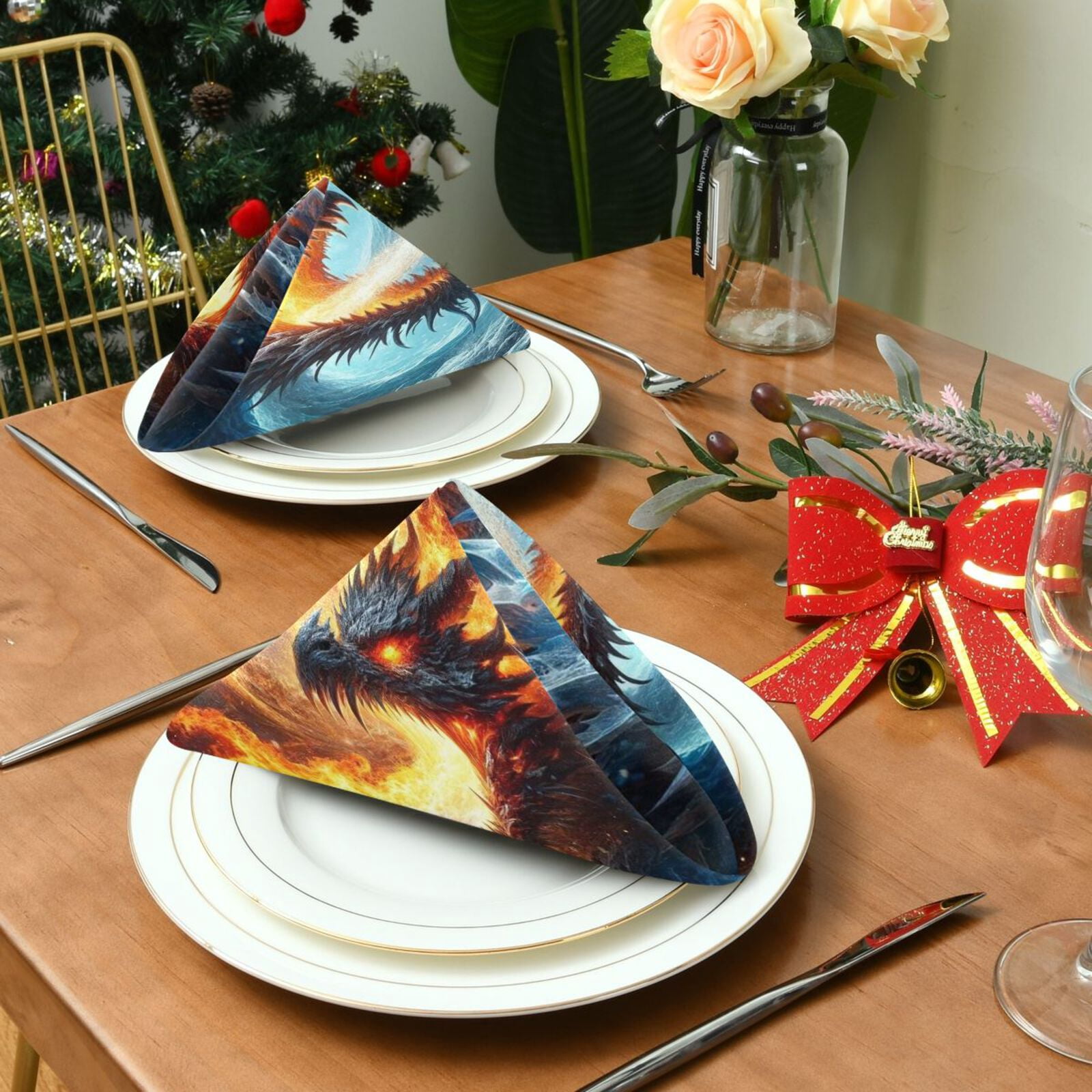 JSTEL Ice & Fire Dragons Cloth Napkins Set of 6, 20x20 Inch Washable and Reusable Napkin for Decoupage Dinner Party Everyday Use