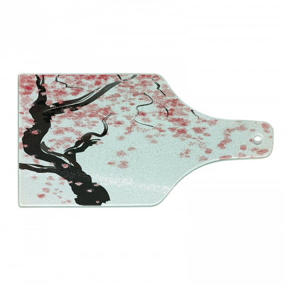 Floral Cutting Board, Dogwood Tree Blossom in Watercolor Painting Effect Spring Season Theme Pinkish Tones, Tempered Glass Cutting and Serving Board, Wine Bottle Shape, Black Pink, by Ambesonne