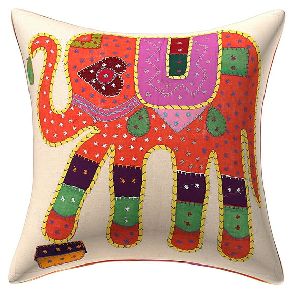 Stylo Culture Ethnic Sofa Throw Pillow Cover 16x16 Applique Patchwork Orange Bohemian 40cm x 40cm Lounge Decor Cotton Elephant Square Cushion Cover | 1 Pc