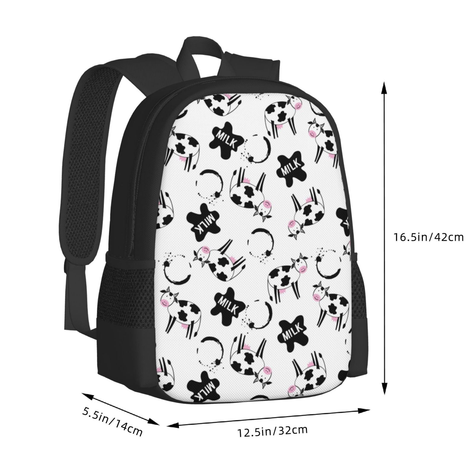Vsdgher Cute Cow and Milk Stains Print Backpack for Women Men School Bookbag with Laptop Compartment for College Work Travel, Simple Fashion Casual Daypack, Fit 15" Laptop