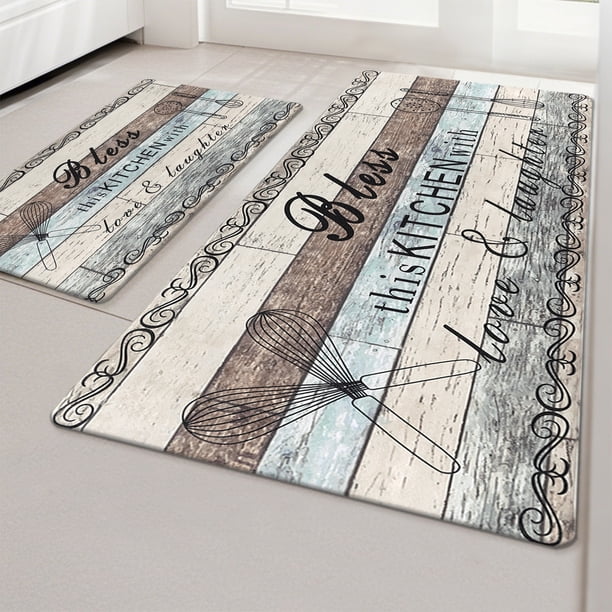 MeyJey Juego de 2 Tapetes de Cocina de Granja, Tapete Acolchado Impermeable Antideslizante y Antifatiga para Cocina, Comedor y Lavadero, 18"x30"+18"x48" Verde Azulado/marrón/beige