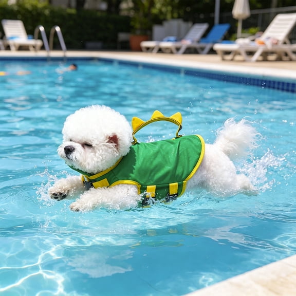 Dinosaur Dog Life Jacket Buoyancy Flotation Swimsuit Rescue Handle D Ring Adjustable Vest for Pool Beach Boating Water Sports Green