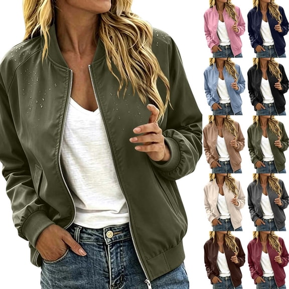 Women Zip Up Long Sleeve Bomber Jacket, Casual Loose Fit Windproof Outerwear Coat For Daily Street Wear Army Green,L