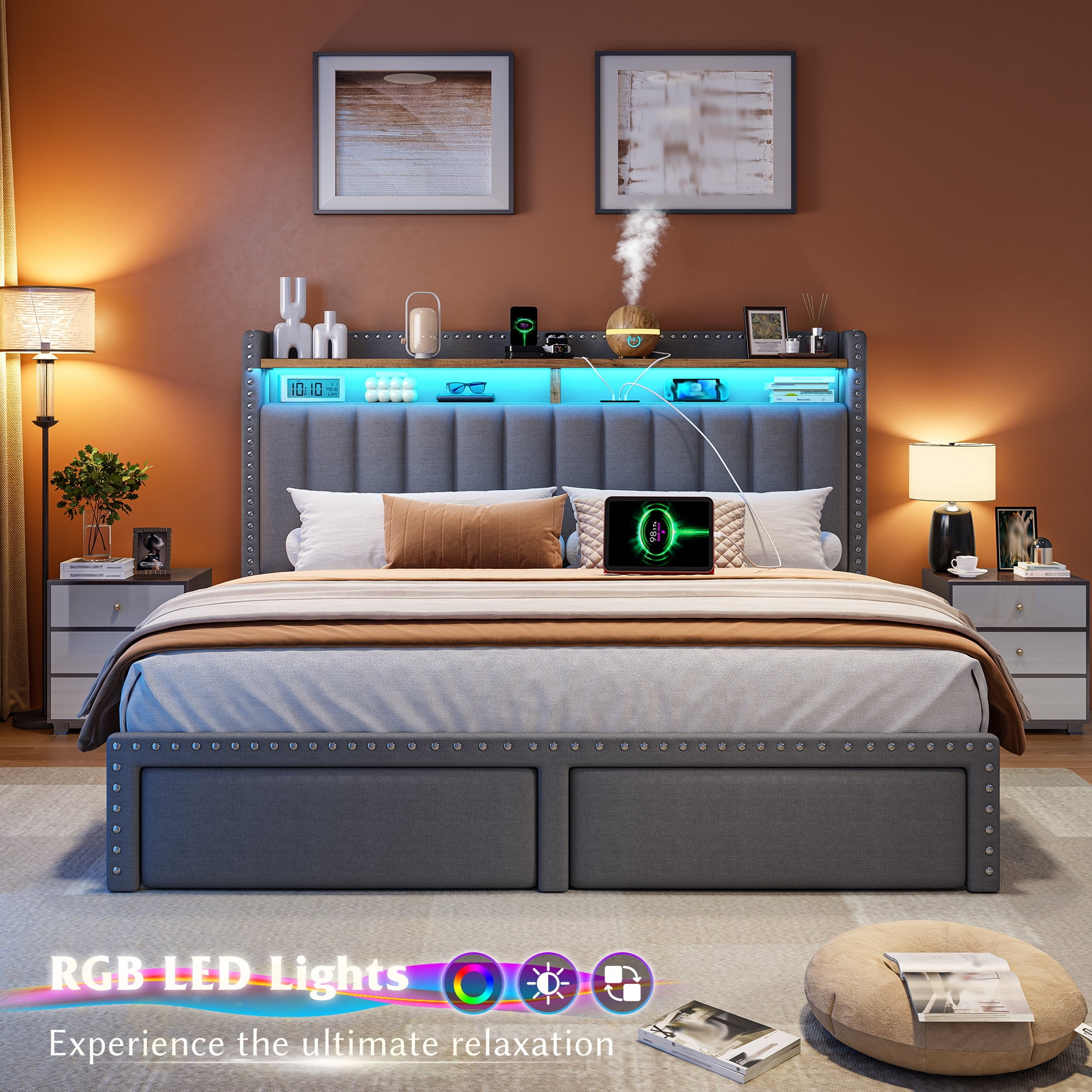 EnHomee Full Size Bed Frame with 2 Drawers & 2-Tier Storage Shelf Upholstered Bed Frame Full with Headboard Full Bed Frame with Storage & LED Lights & Charge Station, No Box Spring Needed, Gray