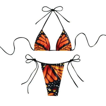 Women s Butterfly Print Triangle Bikini Set Adjustable Halter Top and Tie Side Bottoms for Beach and Pool Swimsuits Womens Bathing Suits 2025 Red M