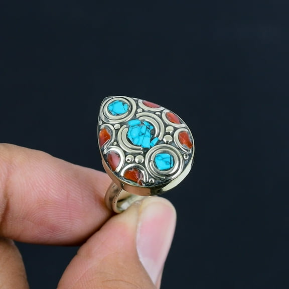 Turquoise Red Coral Bohemian Gift 925 Sterling Silver Nepali Adjustable Ring