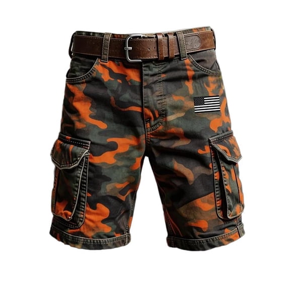 Mens Cargo Shorts Beltless Classic Fit 250th Anniversary Usa Work Shorts Camouflage Print Multi Pocket Casual Outdoor Tactical Short Army Green L
