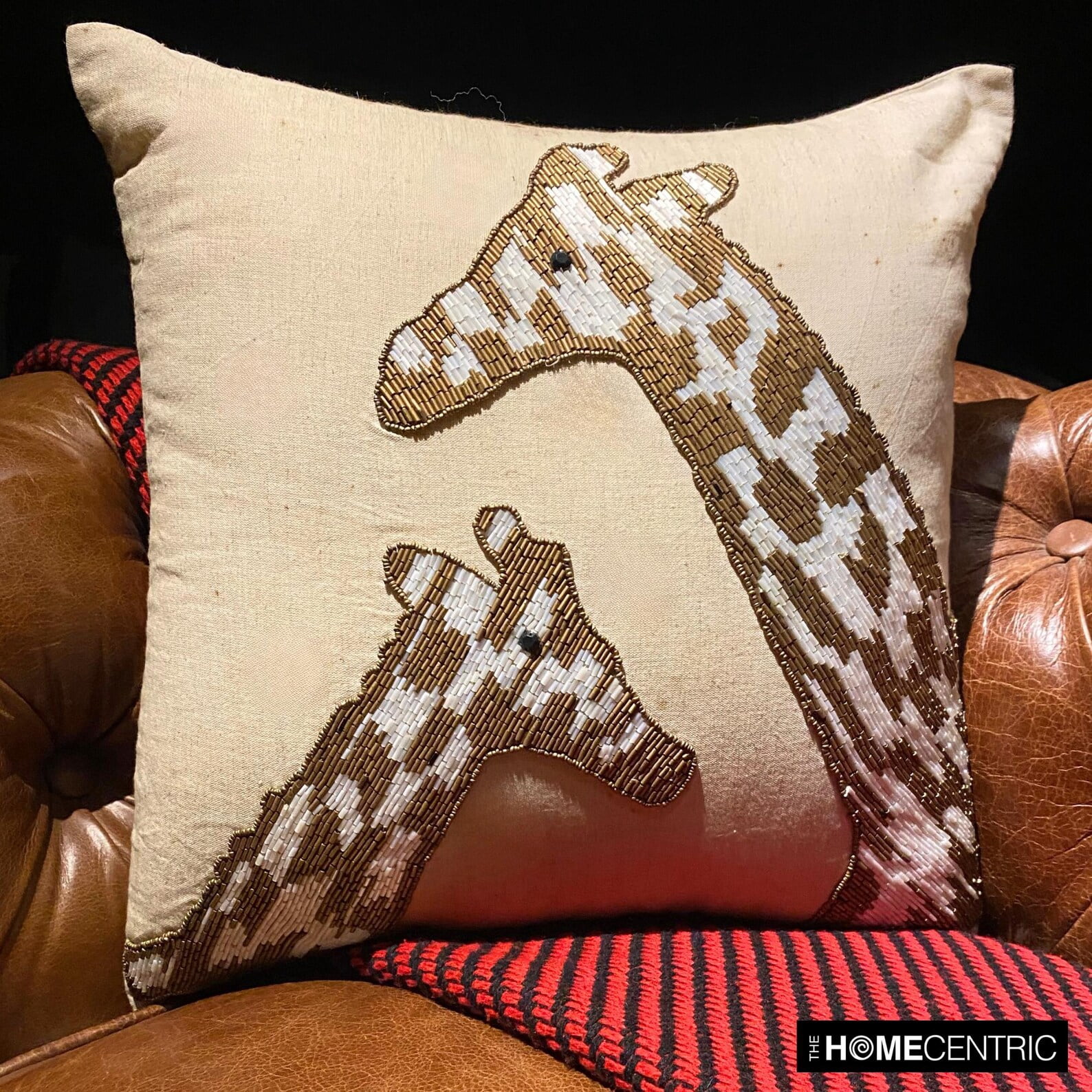 The HomeCentric Pillow Case With Zipper Decorative Animal Print Pillow CoverAccent Couch Sofa Bed Pillow Case Pack of 2 24x24 inch Beige Linen Pillow Cover Bead Embroidered - Giraffe Talk