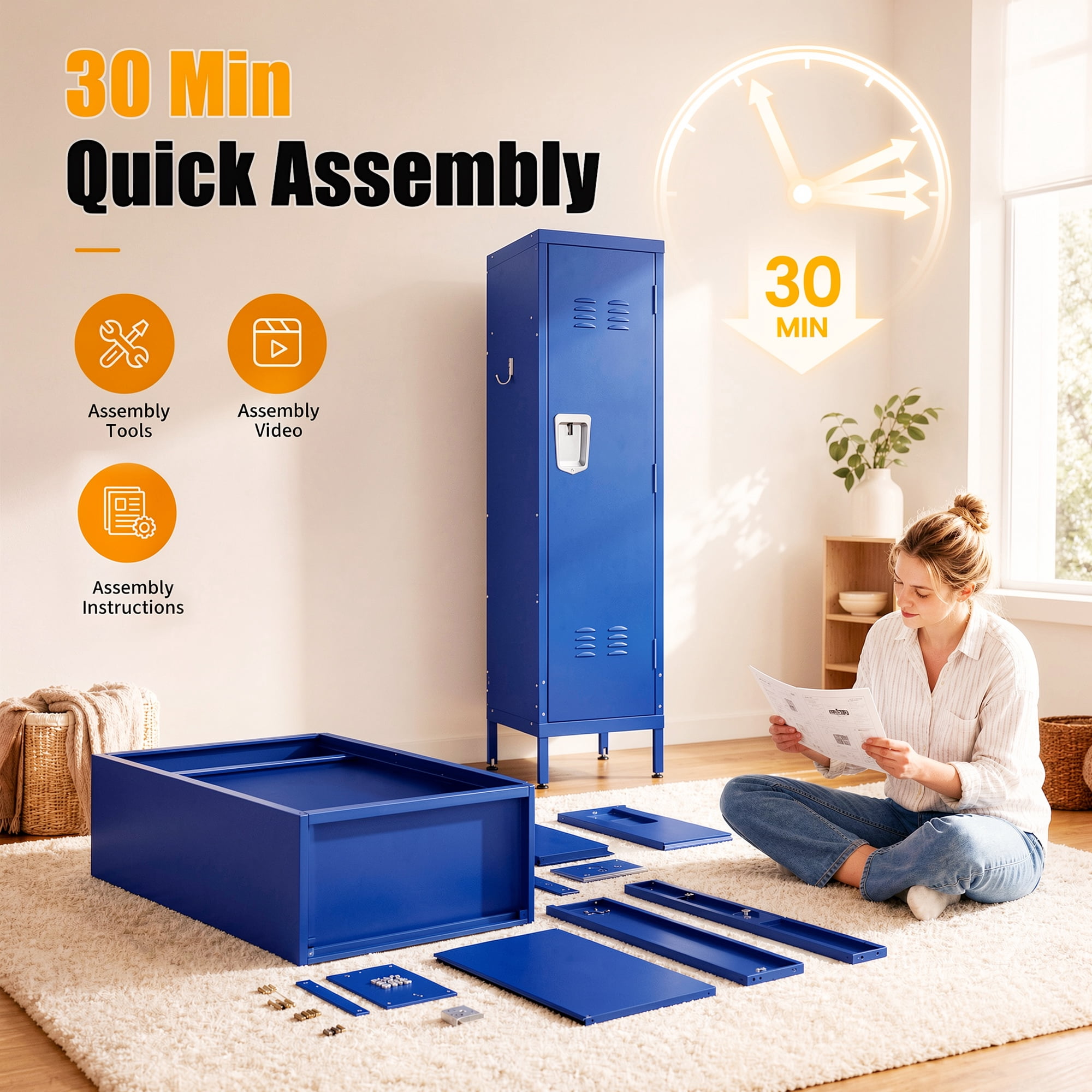 HOQBN 55" Tall Metal Wardrobe Cabinet,Waterproof Steel Clothing Storage Locker with Ventilated Door,Lock & Side Hooks,Vertical Bedroom Wardrobe for Small Apartment Home Office,Blue