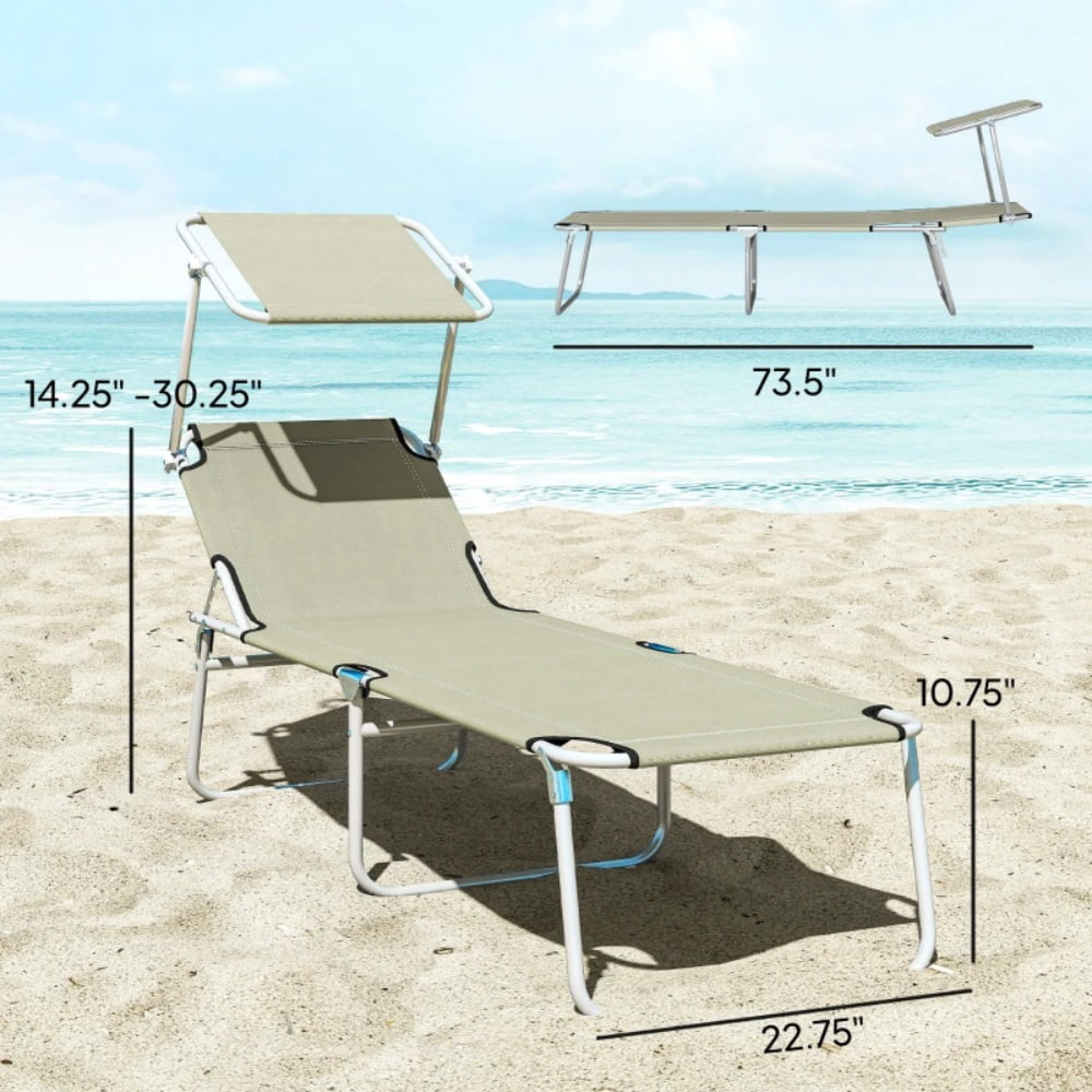 Outdoor Folding Chaise Lounge with Detachable Adjustable Sun Awning, 4-Level Reclining Backrest, Cream White Portable Pool Beach Lounger