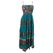 Mogul Womens Patchwork Speghatti Dress Vintage Printed Smocked Bodice Ethnic Maxi Dresses