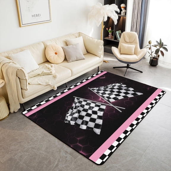 Erosebridal Pink Stripes Geometric Area Rugs For Living Room 6'6" x 4'11", Race Car Bedroom Decor, Sports Theme Decor, Non Slip