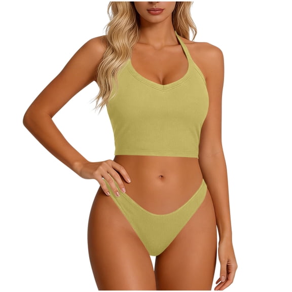 CQONEPT Women's Oversize Built in Bra Tank Crop Top Sleeveless Casual Cropped Shirts Racerback Slim Fitted Ribbed V Neck Tank Tops Yellow L