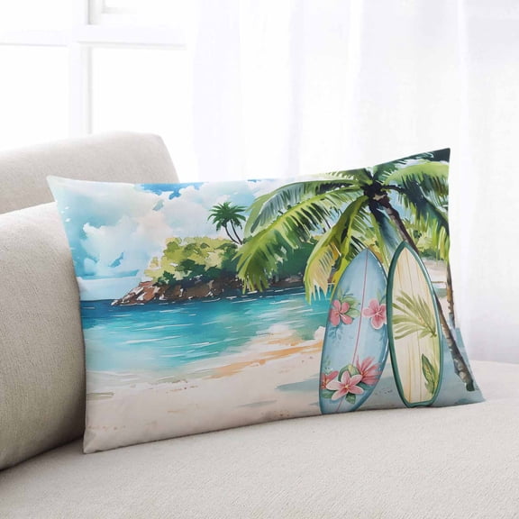 Summer Beach Throw Pillow Cover, Pillowcase Protectors with Zipper, Breathable Decorative Lumbar Pillow Case Cover, Tropical Coastal Palm Tree Surfboard Pillow Shams for Couch Sofa 12x20Inch