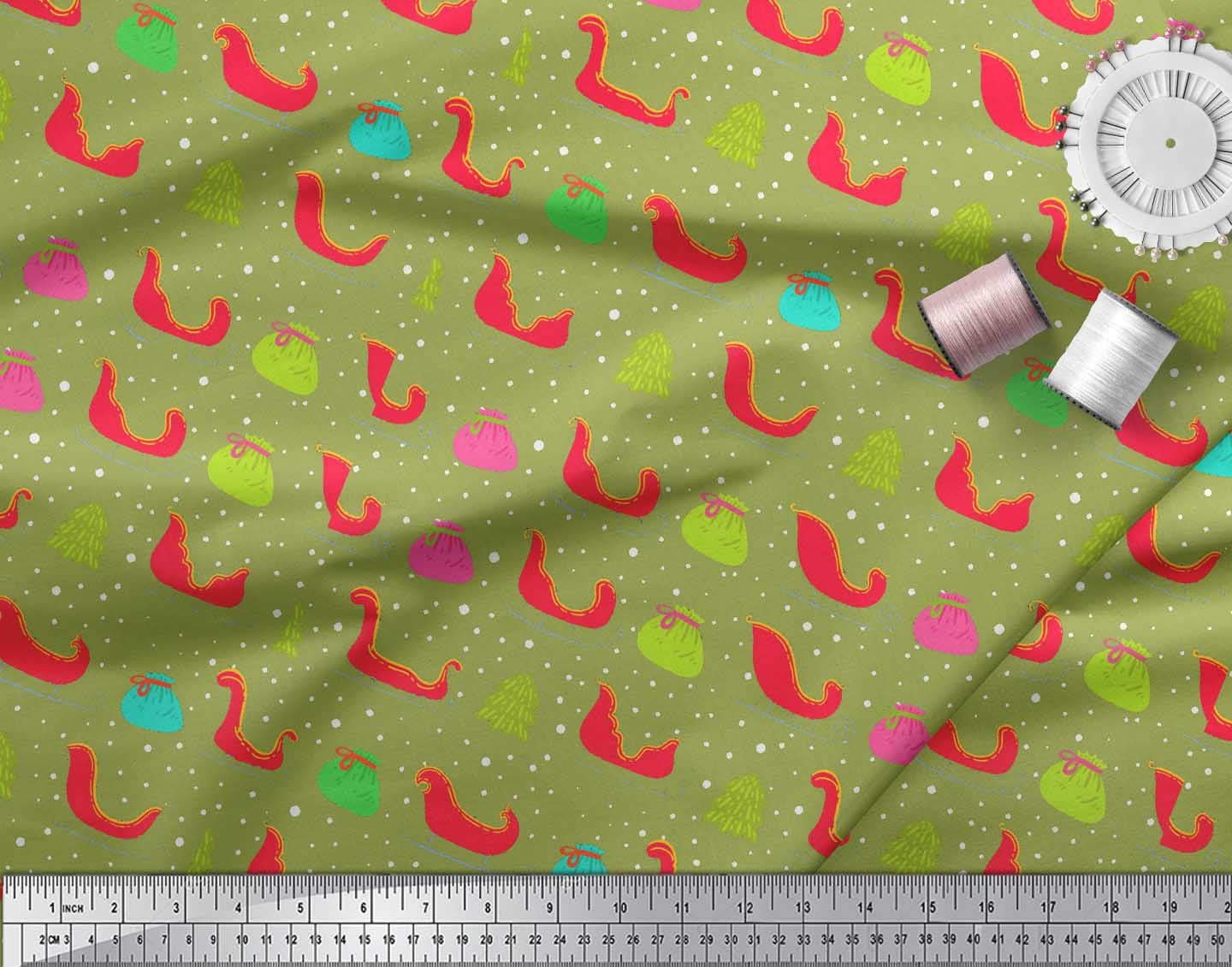 Soimoi Green Heavy Satin Fabric Santa Bag,Tree & Sleigh Christmas Printed Fabric 1 Yard 54 Inch Wide