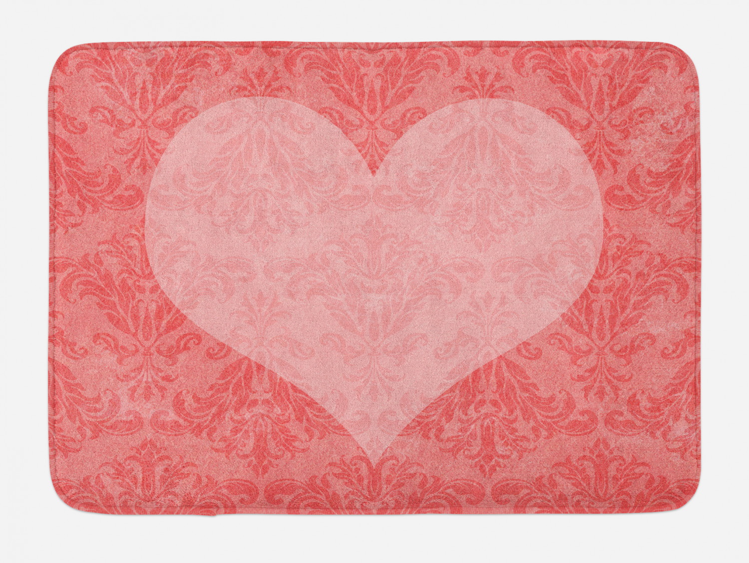 Coral Bath Mat, Big Pink Heart Shape on Ancient Damask Pattern Faded