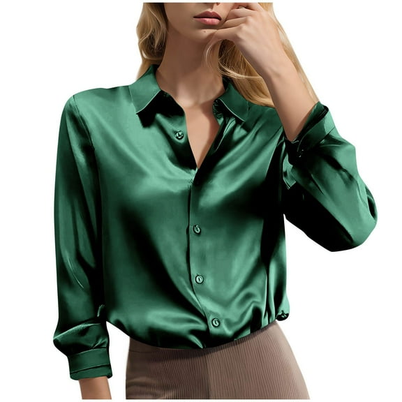 Women's Long Sleeved Satin Lapel Shirt Solid Color Fashion Shirt Basic Fall Clothes Outfits Winter Clothing