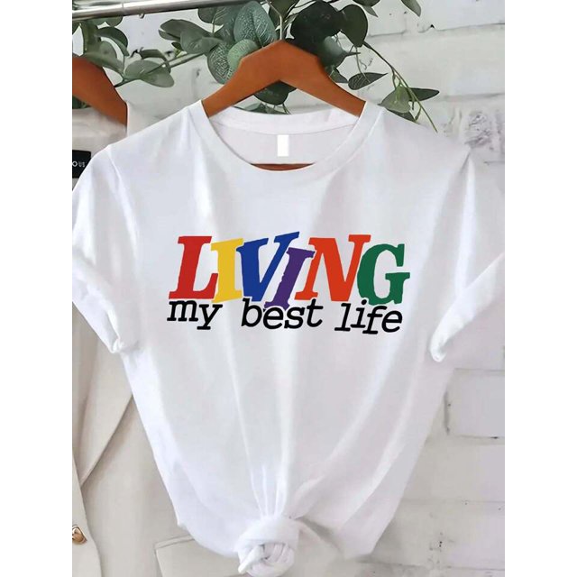 Mother's Day Women's Short Sleeve Crew Neck T-Shirt - "LIVING MY BEST LIFE" Colorful Geometric Letter Print, All-Season Casual Top, Machine Washable Comfort Fit, Cute T Shirts