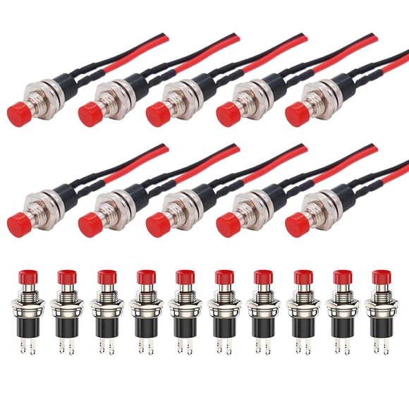 20pcs mini push buttons with pre-wired, instantaneous pressure switch, lockless, 2 pins 1A AC 250V/3A AC125V SPST ON/OFF button switch for horn car dashboard boat, 7mm mounting hole