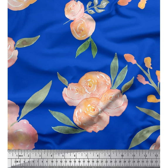 Soimoi Blue polyester Crepe Fabric Leaves & Peach Floral Watercolor Print Fabric by The Yard 52 Inch Wide