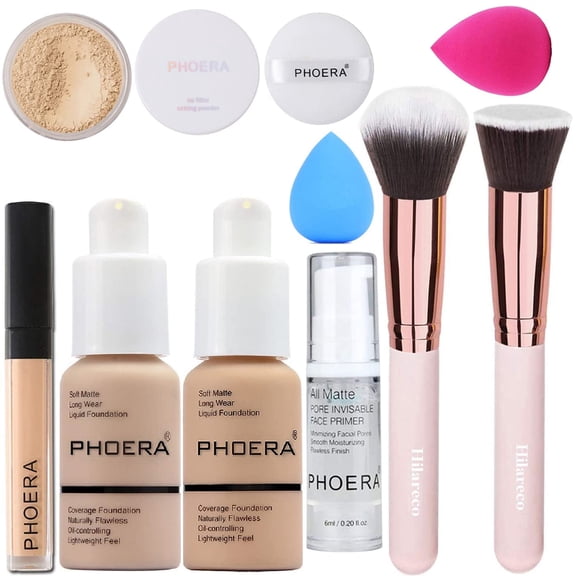 Set de maquillaje PHOERA Foundation Full Coverage con imprimador y polvo