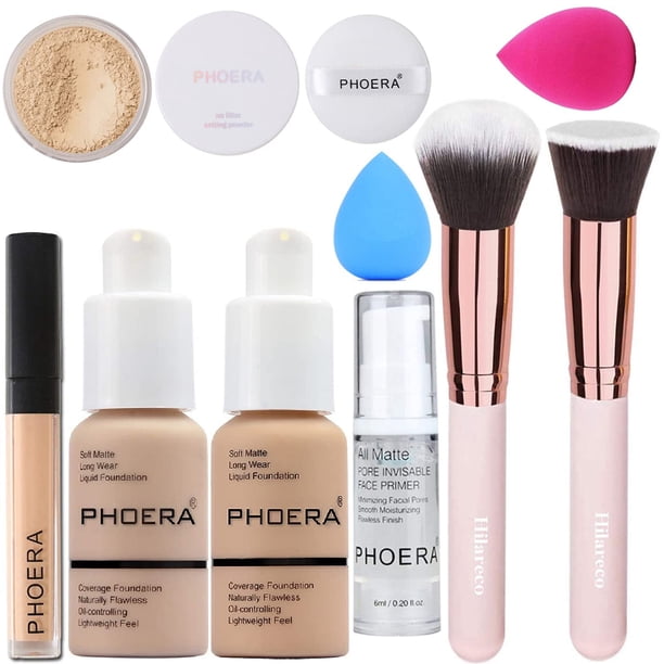 Set de maquillaje PHOERA Foundation Full Coverage con imprimador y polvo