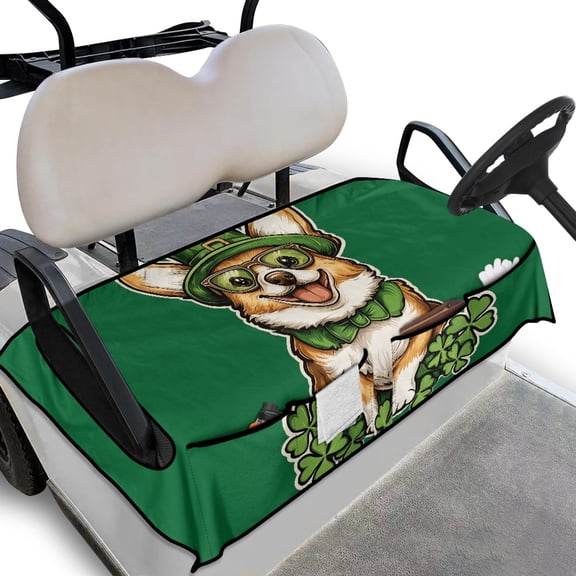 Whosucclay Lucky Hat Corgi Pattern Anti-Slip Golf Cart Seat Cover, 4-Pocket Storage Thick Golf Cart Seat Protector for Club Car EZGO Yamaha, 52.36" x 32.28"
