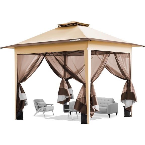 SPECSTAR Pop Up Gazebo 10x10ft Outdoor Canopy Tent with Mosquito Netting & 2 Tiers Roof for Patio Garden Backyard, Grey