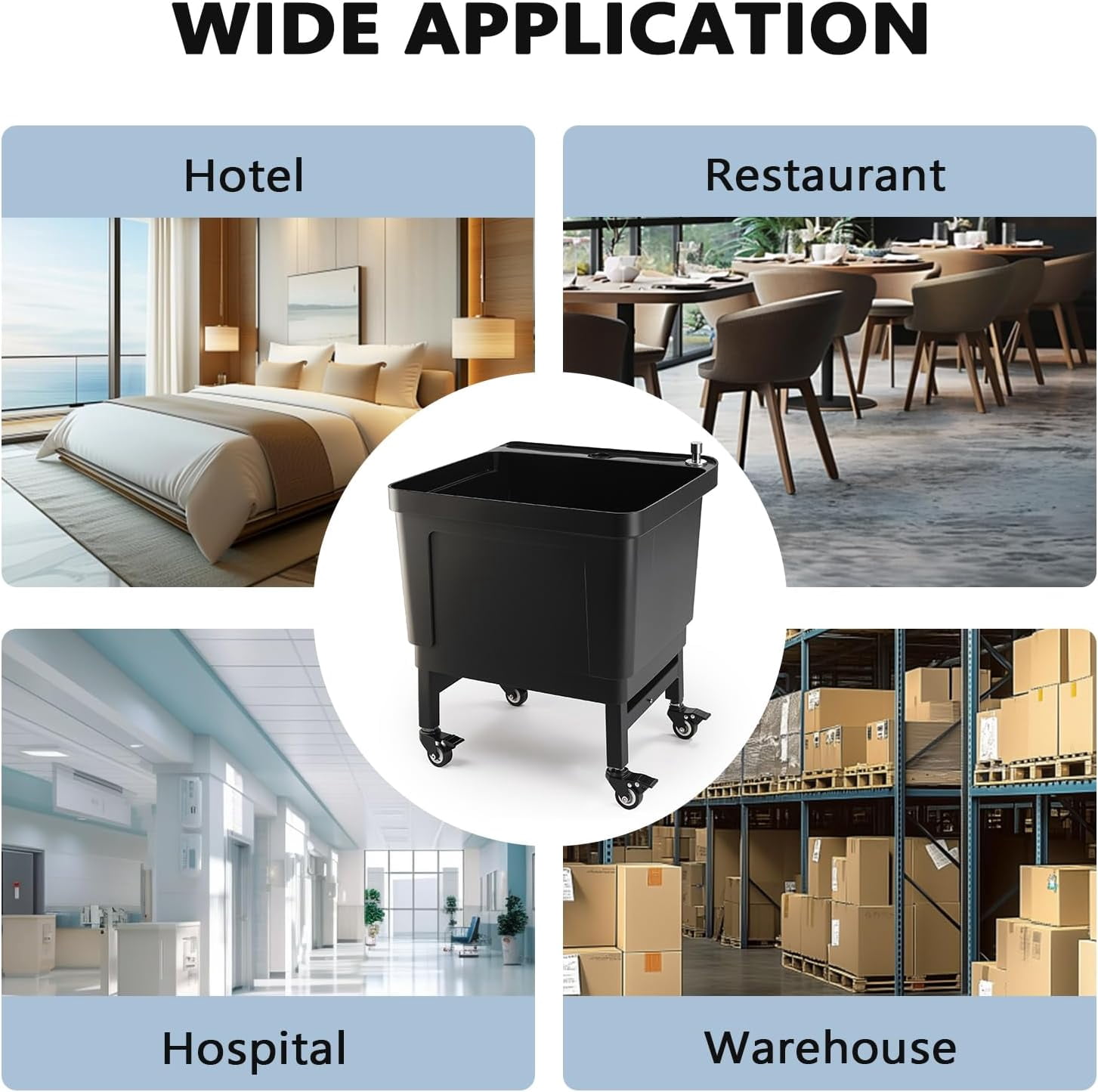 ROVSUN Commercial Mop Sink on Wheels, Plastic Floor Mop Slop Sink, Black Freestanding Mobile Utility Sink for Restaurant, Office, Business, Outdoor, Indoor Use, 19.7L x 18.8W x 22.3H inch