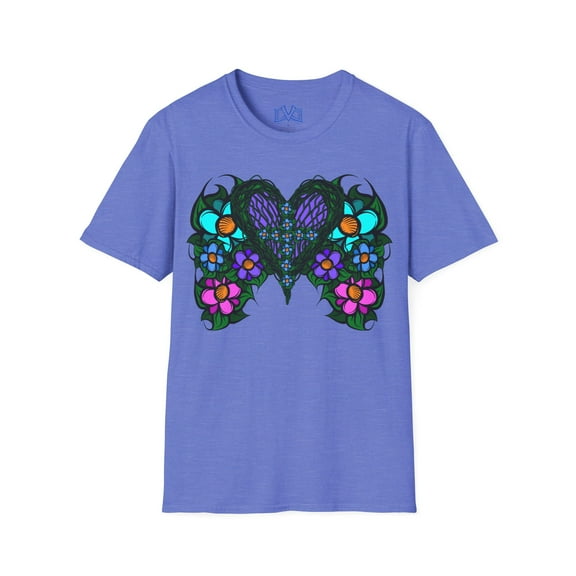 Hand drawn art with a Cross, Heart & Flowers on a Unisex Softstyle T Shirt