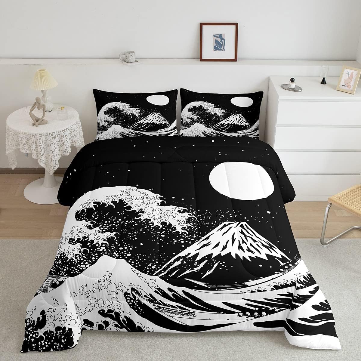 YST Moon Bedding Set Queen,Ocean Waves Comforter Set Mountain Fuji Down