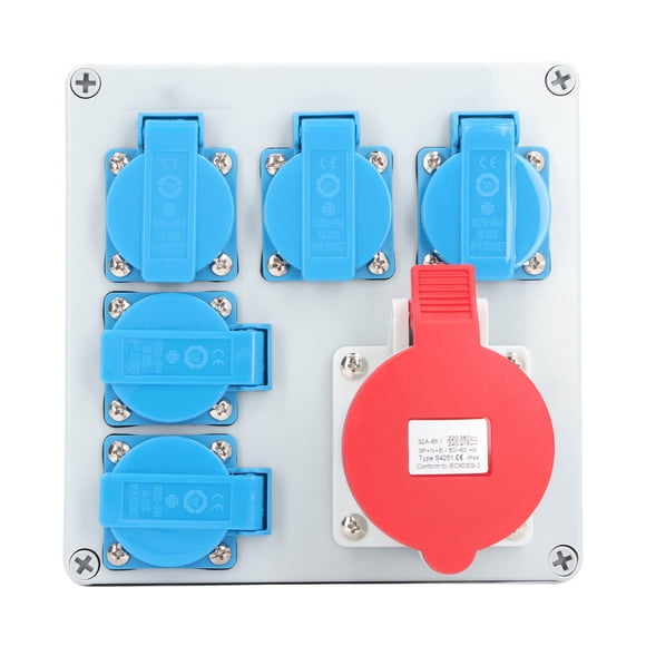 Caja de enchufes industrial impermeable IP44 con 5 enchufes de CA 250 V, 16 A y 1 enchufe CEE de CA 220-380 V y 240-415 V.