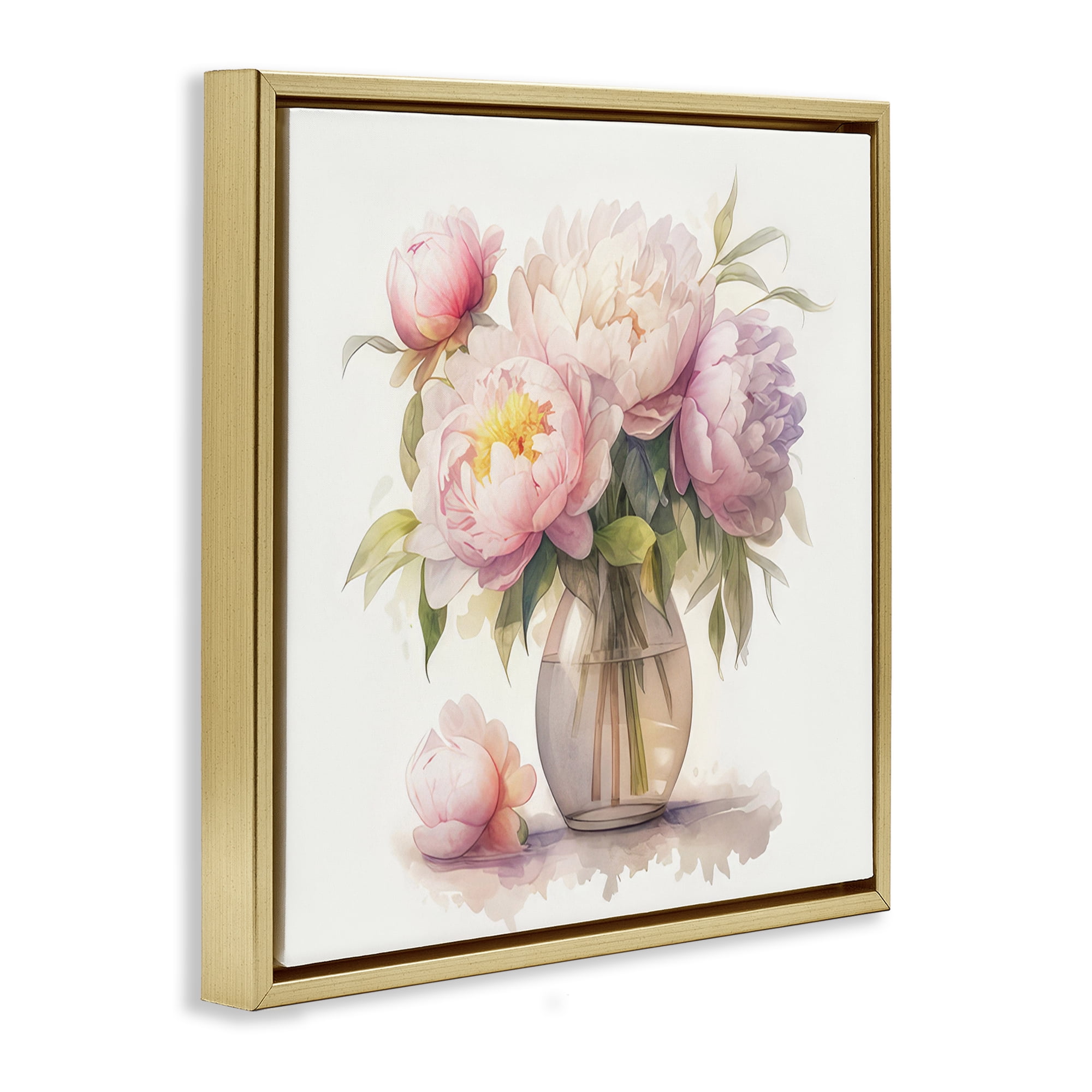 Stupell Industries Blush Peonies Vase Plants & Flowers Painting Gold Floater Framed Canvas Art Print Wall Art, 18 x 18