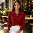 thumbnail image 7 of Waffle Knit Tops for Women Long Sleeve Collared Work Golf Polo Shirt 2XL, 7 of 7