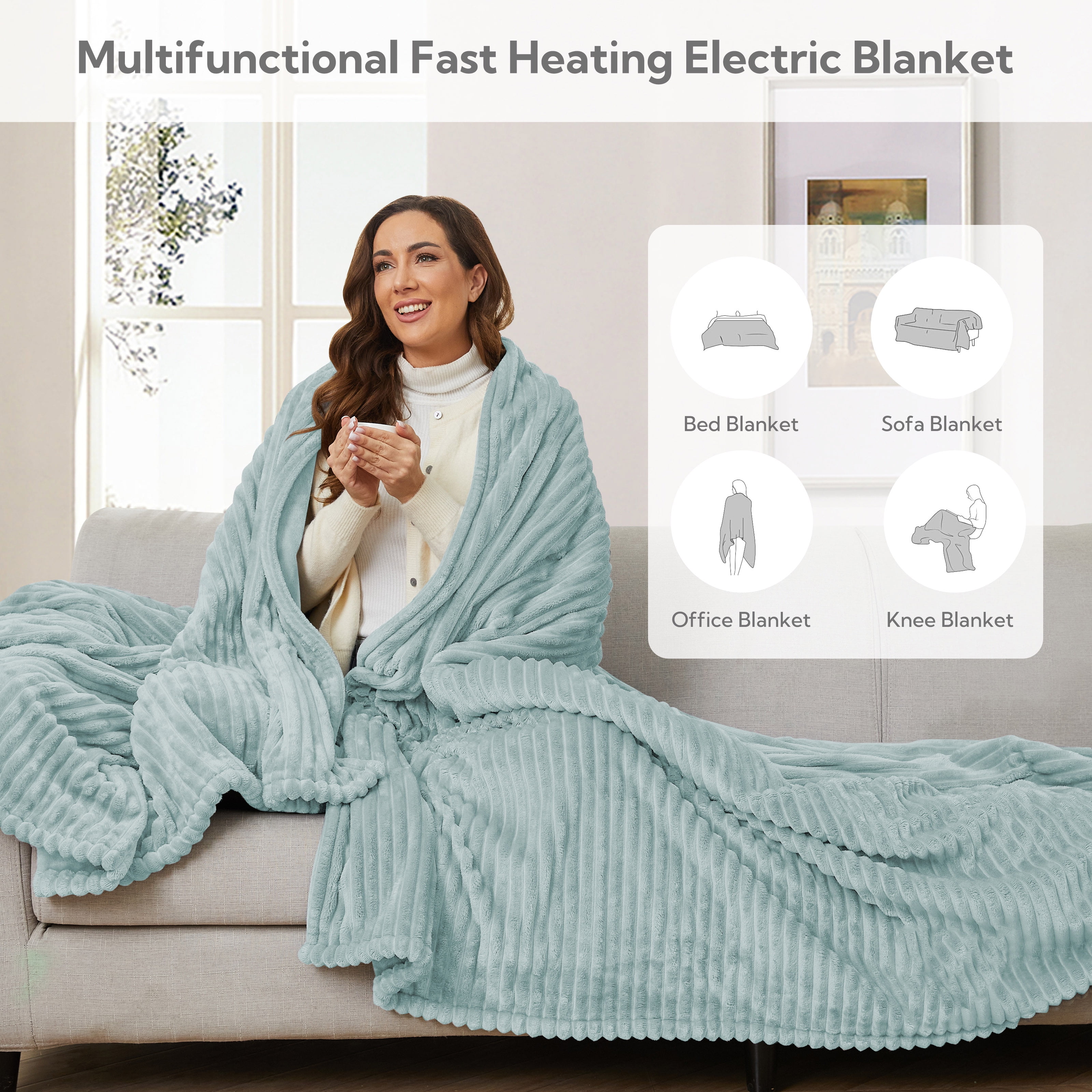 SUNNY HEAT Heated Electric Blanket Ribbed Flannel 72"x84" Full Size - 10 Heating Settings & 2/4/6/8/10/12 Hours Auto off, Thick and Warm Washable - Mint Green