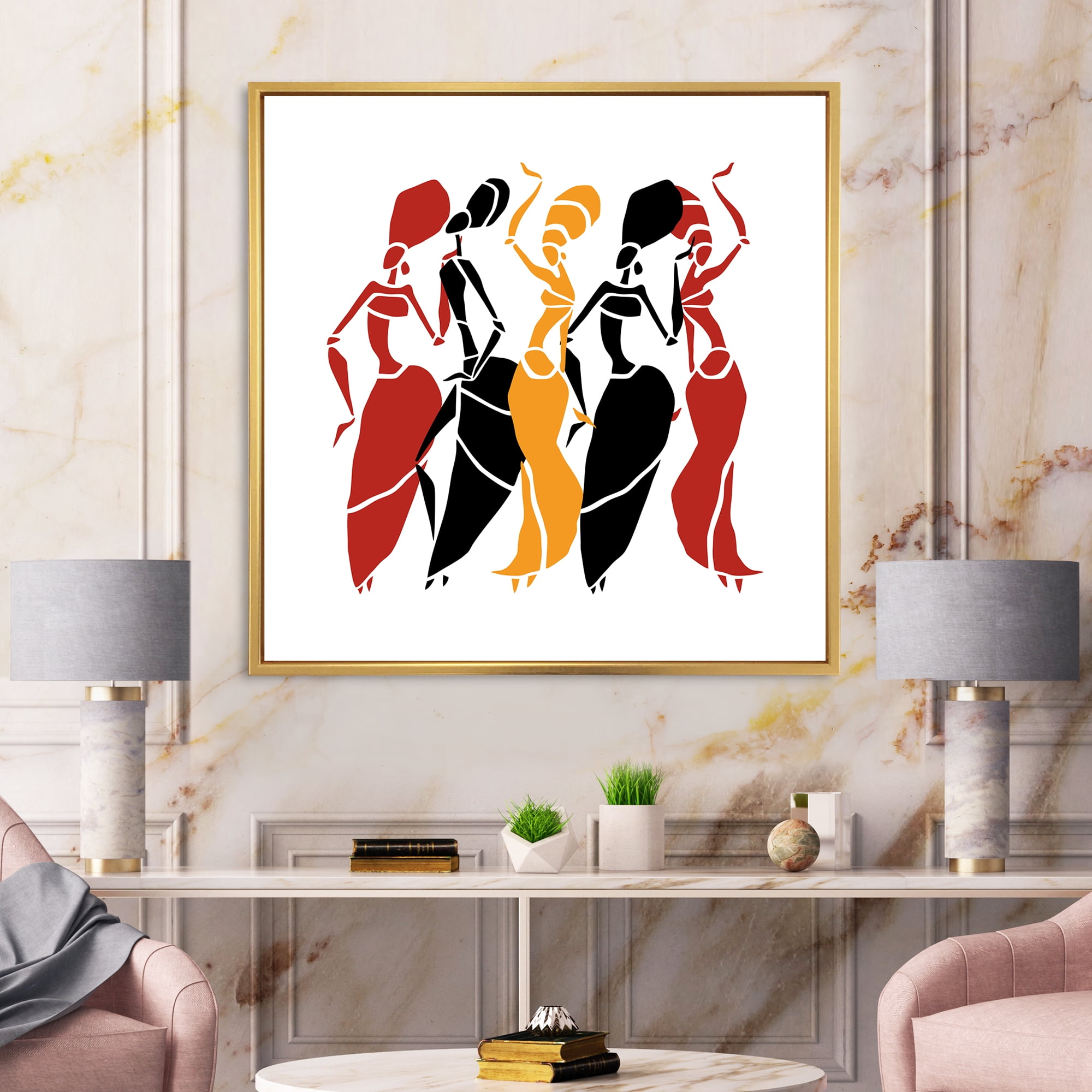 Designart 'Beautiful Red Black and Yellow Dancers Afro American Silhouettes' Modern Framed Canvas Wall Art Print