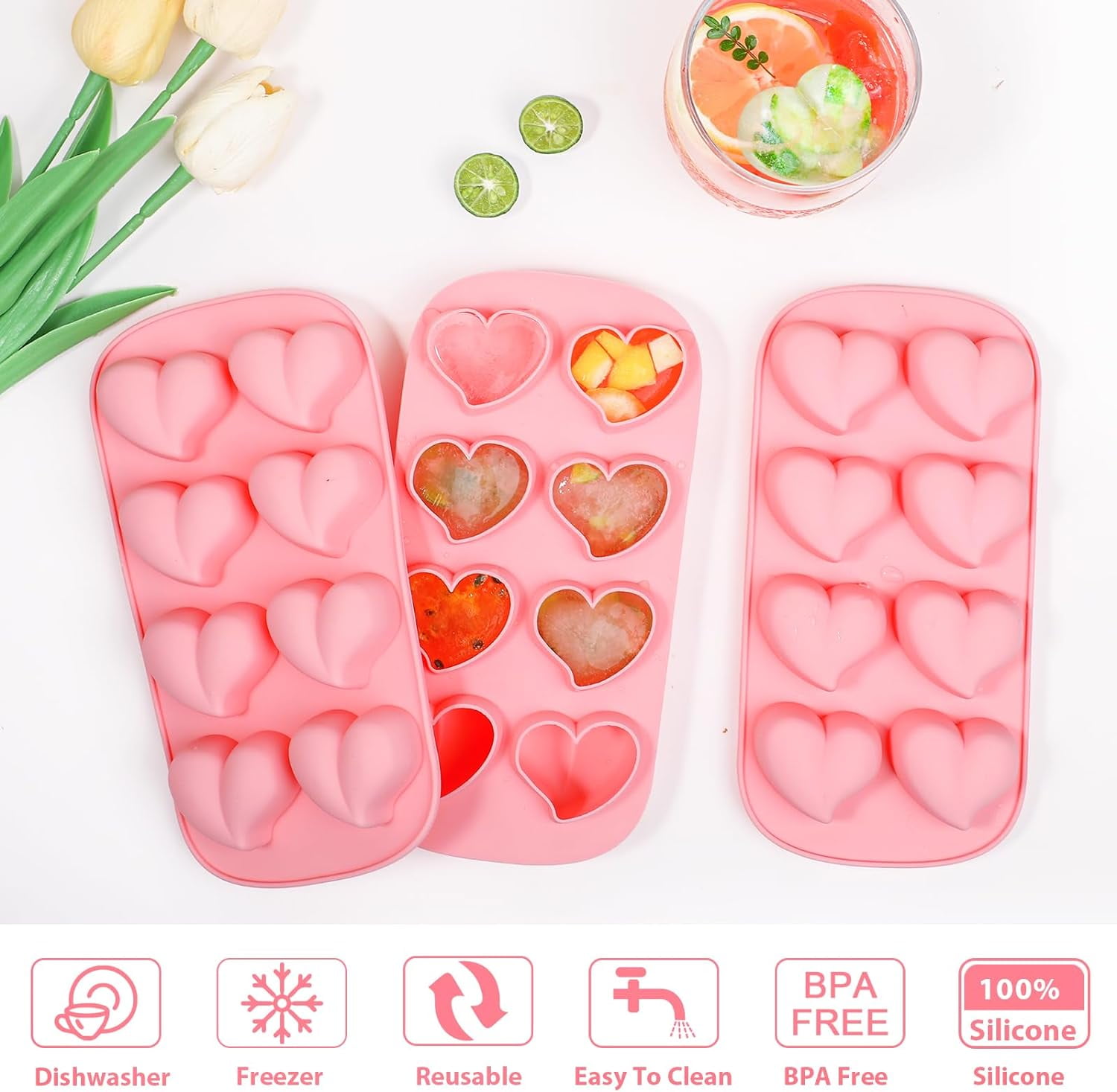 4-Pack Silicone Ice Cube Trays Set – Sphere (1.1"), Heart (10 & 8 Cavity), Star with Lid – BPA-Free, Easy Release – For Cocktails, Whiskey & Chocolate – Green/Pink/Red/Multicolor