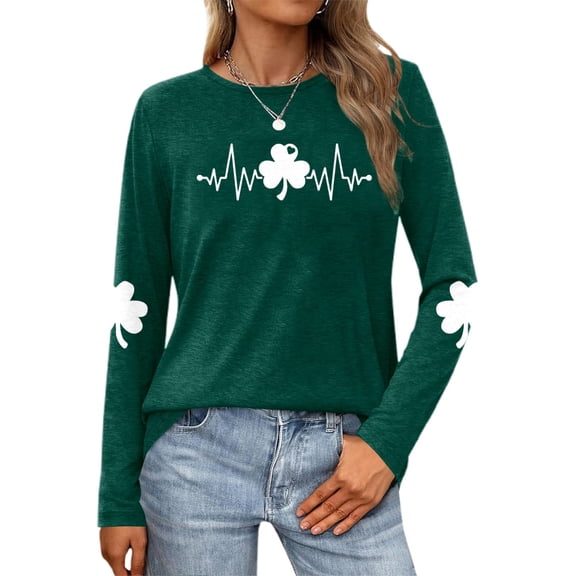 FASHOFT Womens St Patricks Day Shirt Shamrock Clover Graphic Tees Funny Long Sleeve Tops Green L