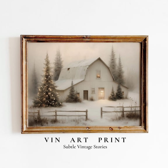 Cozy Snowy Barn Tree Winterwall Art, Rustic Farmhouse Snow Scene, Wall Decor Print Home Decor #233, Unframed Poster Size 8x12