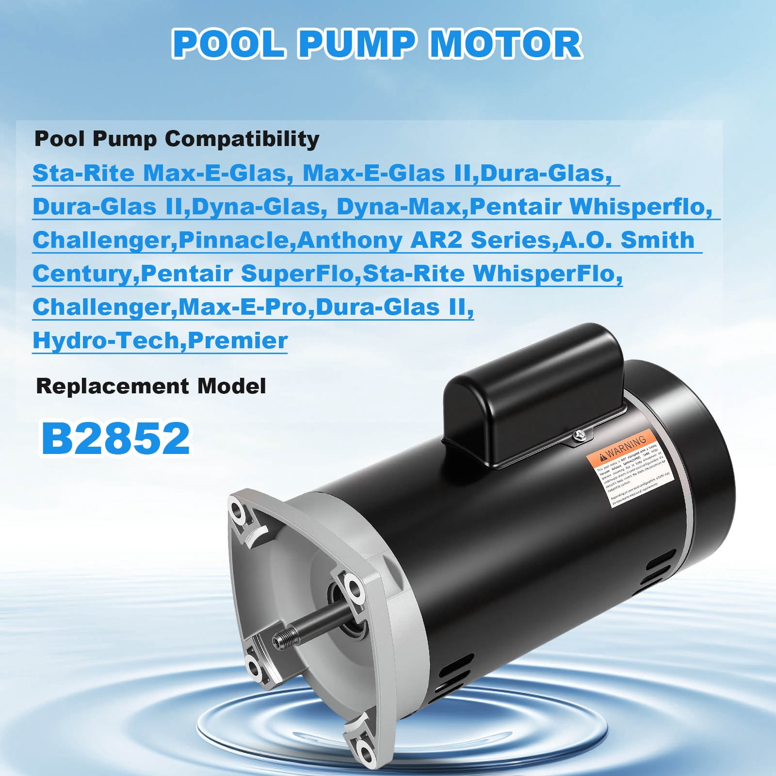 B2852 3/4 HP Pool Pump Motor, 56Y Frame Swimming Pool Pump Motor, 115/230V, 3450 RPM, 303 Stainless Steel Shaft, Replacement Motor for Outdoor/Indoor Swimming Pool