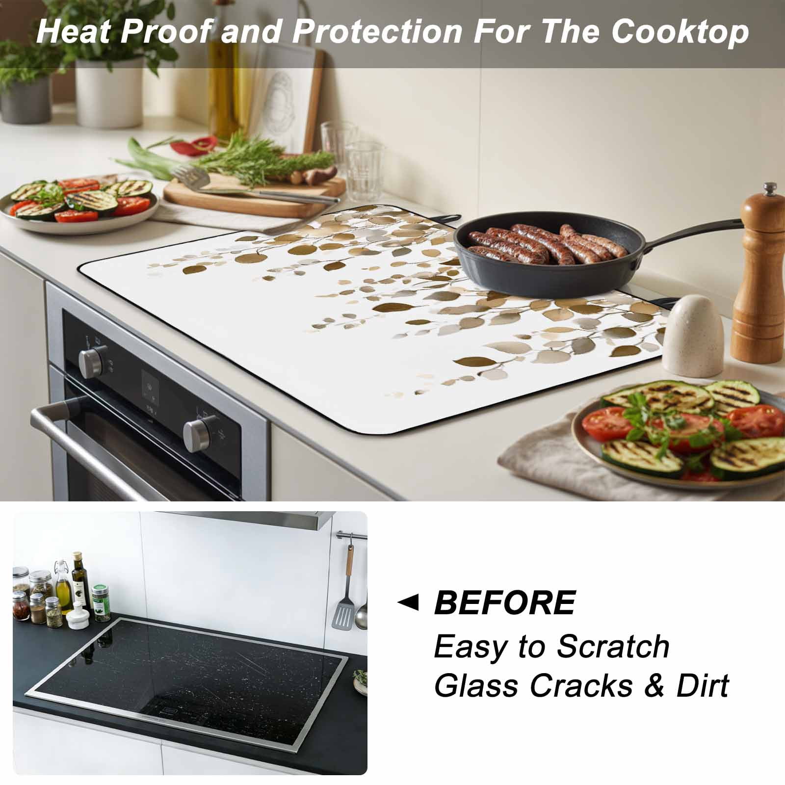 Brown Eucalyptus Leaves Stove Top Cover for Electric Stove, Heat-proof & Non Slip Glass Top Stove Cover Protector, Summer Watercolor Leaf Kitchen Flat Cooktop Rubber Mat 24x21 Inches