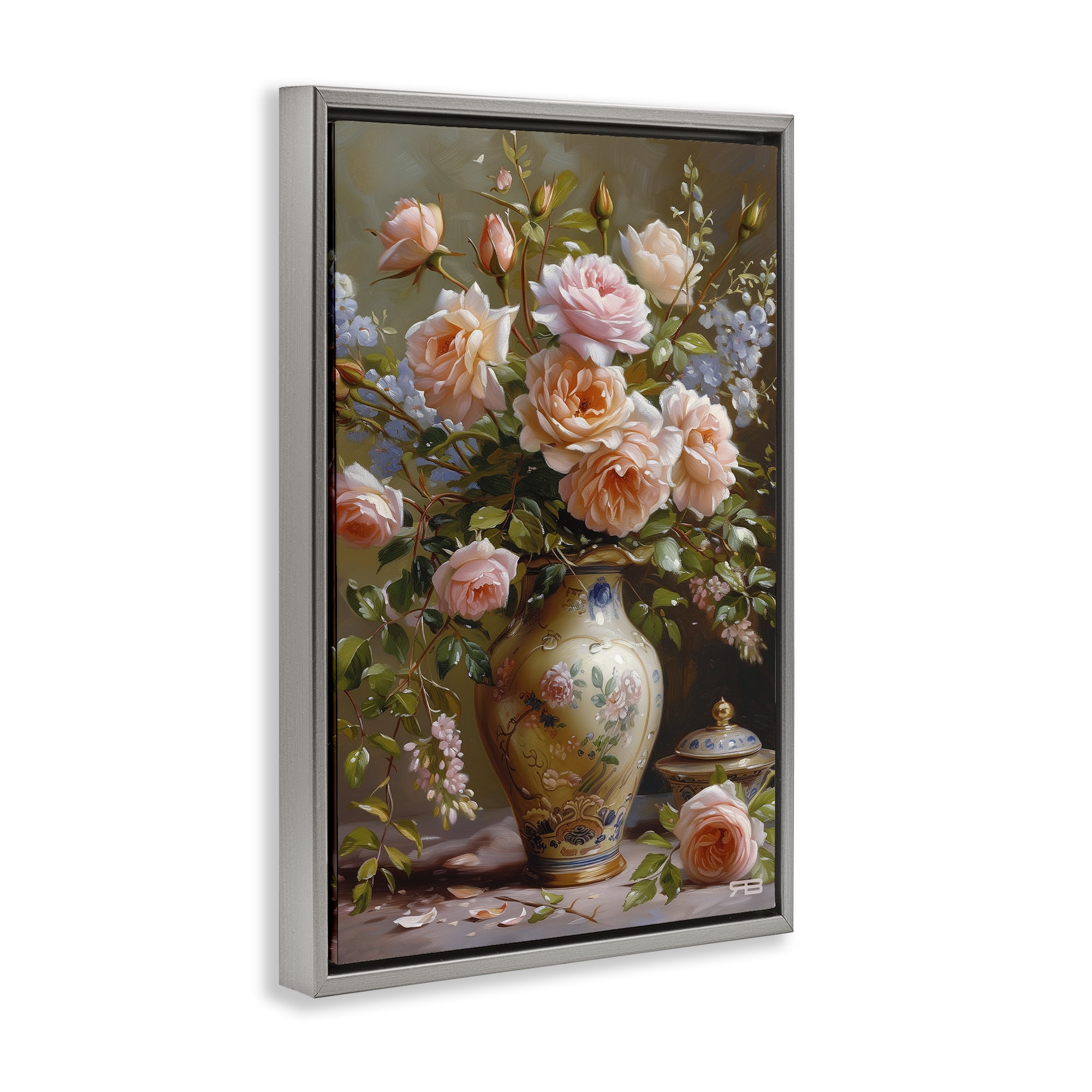 Stupell Industries Roses in Traditional Vase Botanical & Floral Painting Gray Floater Framed Art Print Wall Art, 21 x 31
