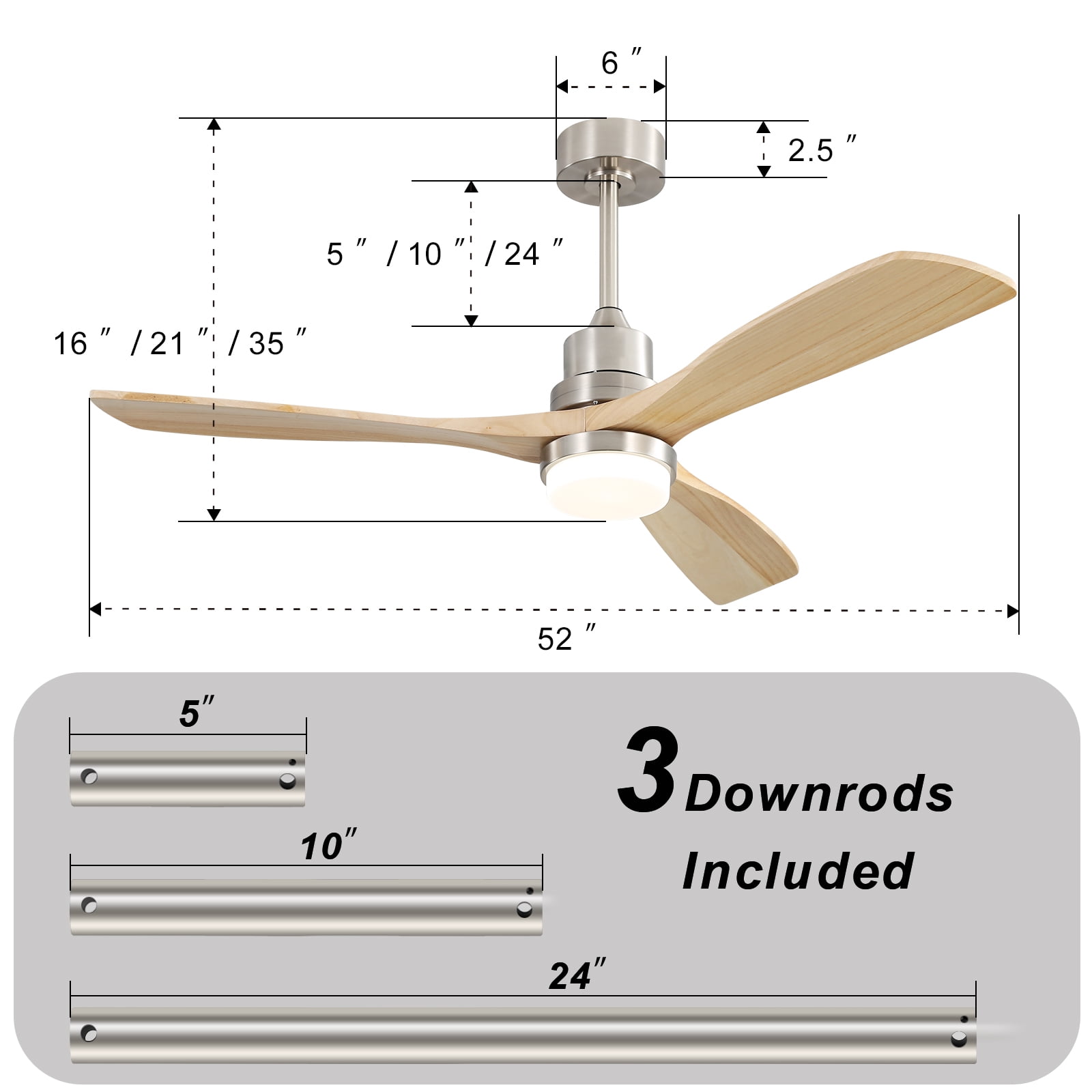 Sofucor 52" Ceiling Fan with Light and Remote, 3 Reversible Burlywood Blades, Nickel Finish"