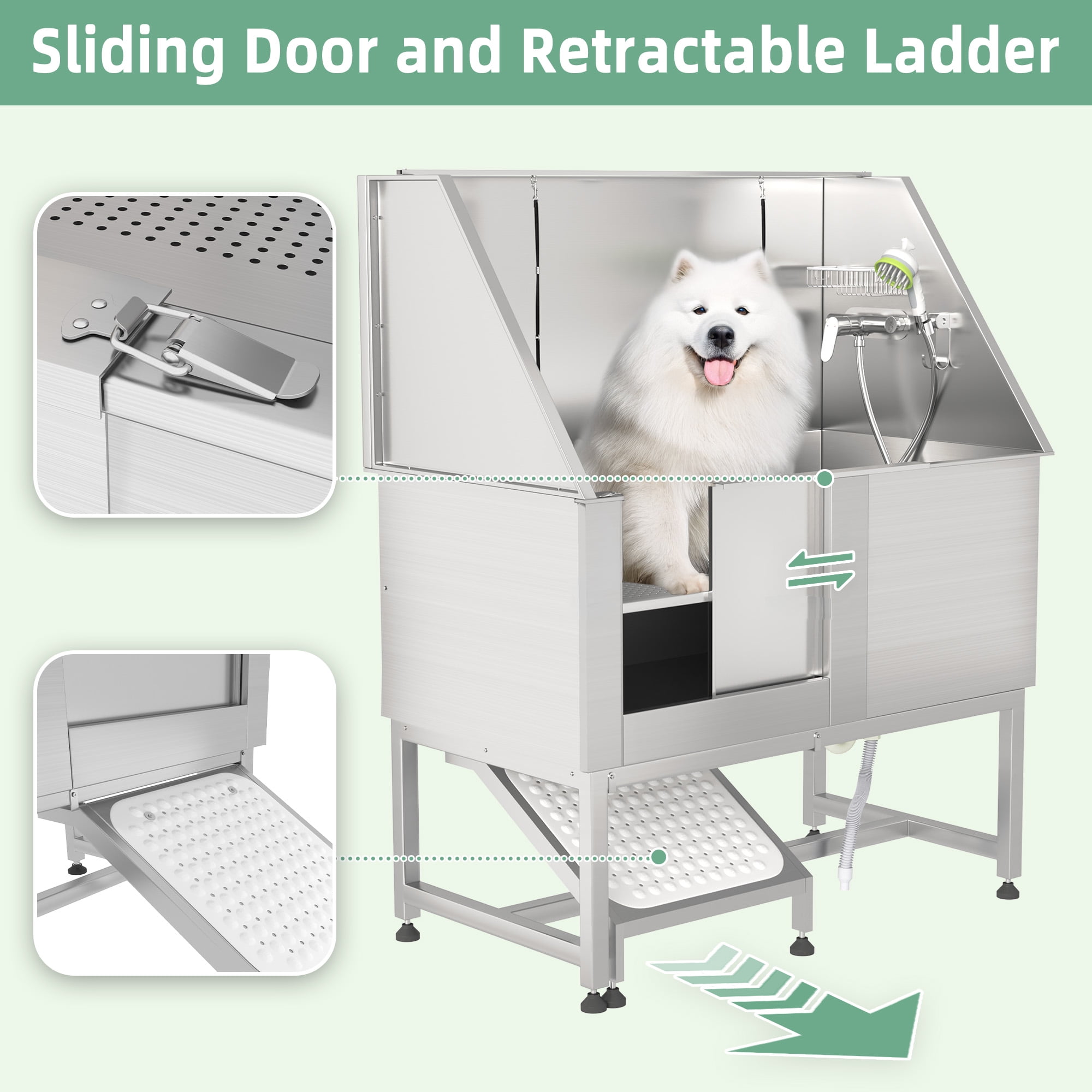 50" Dog Washing Station Professional Stainless Steel Dog Pet Grooming Bath Tub for Salon,Dog Bathtub with Ramp for Indoor Outdoor, Left Door