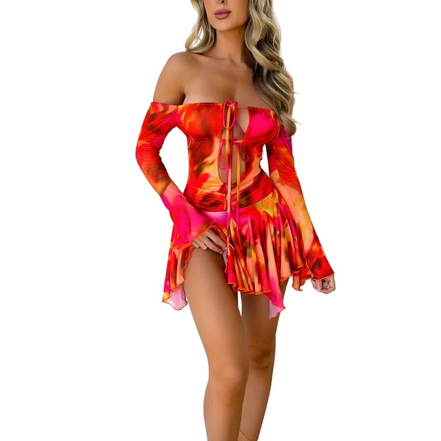 SUNSIOM Robe Courte pour Femme, Robe à Manches Longues Épaules Dénudées à Nouer, Découpes, Imprimé Teinture sur Nœuds, Fente, Robe de Cocktail