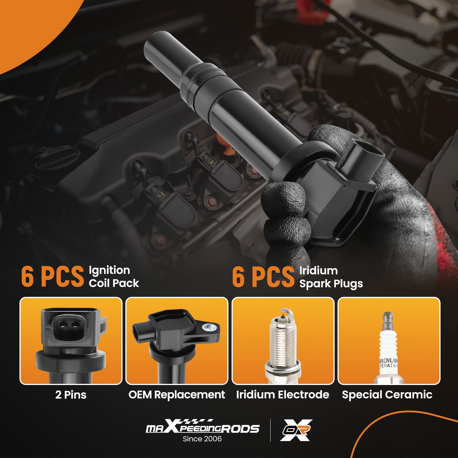 maXpeedingrods UF558 Set of 6 Ignition Coil Pack and Iridium Spark Plugs Fit for Hyundai Santa Fe 07 08 09 V6 2.7L, for Kia Magentis Optima Rondo, Ignition Coil Kit Replaces UF-558 273013E400