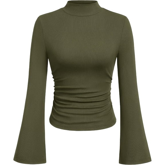 PRETTYGARDEN Womens Long Sleeve Shirts Fall Bell Sleeve Mock Turtleneck Ribbed Going Out Tops Casual Ruched Y2K Clothes