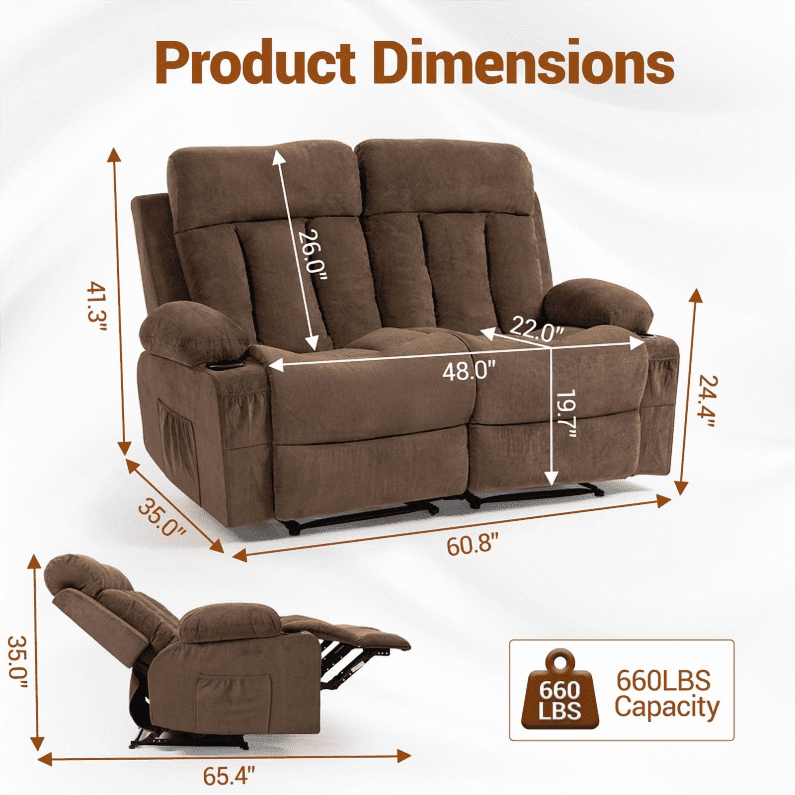 WENTUM Loveseat Recliner Sofa with Cup Holders, 2 Seat Manual Recliner Chair, reclining loveseat couch for Living Room, Home Theater, Small Spaces, Brown