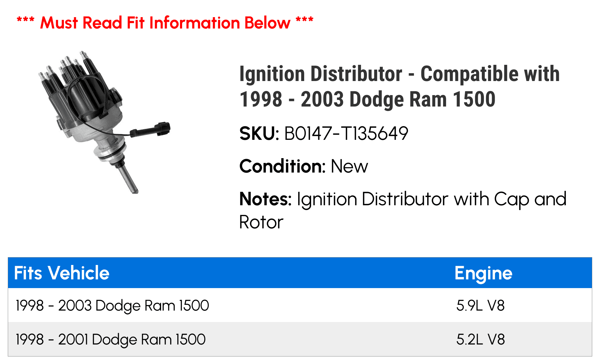 Ignition Distributor - Compatible with 1998 - 2003 Dodge Ram 1500 1999 2000 2001 2002